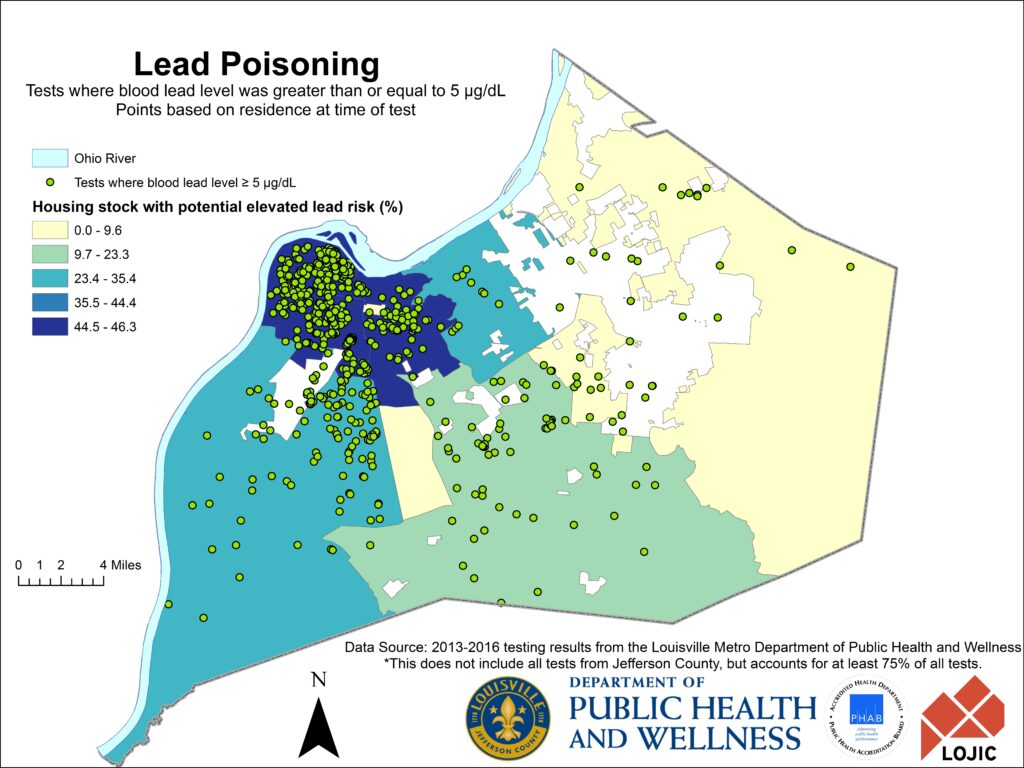 Lead poisoning concentration map from Louisville Department of Public Health. 