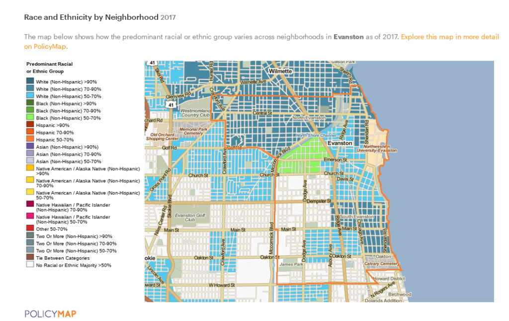 Map showing Black population concentrated in central Evanston with majority white neighborhoods around city center.