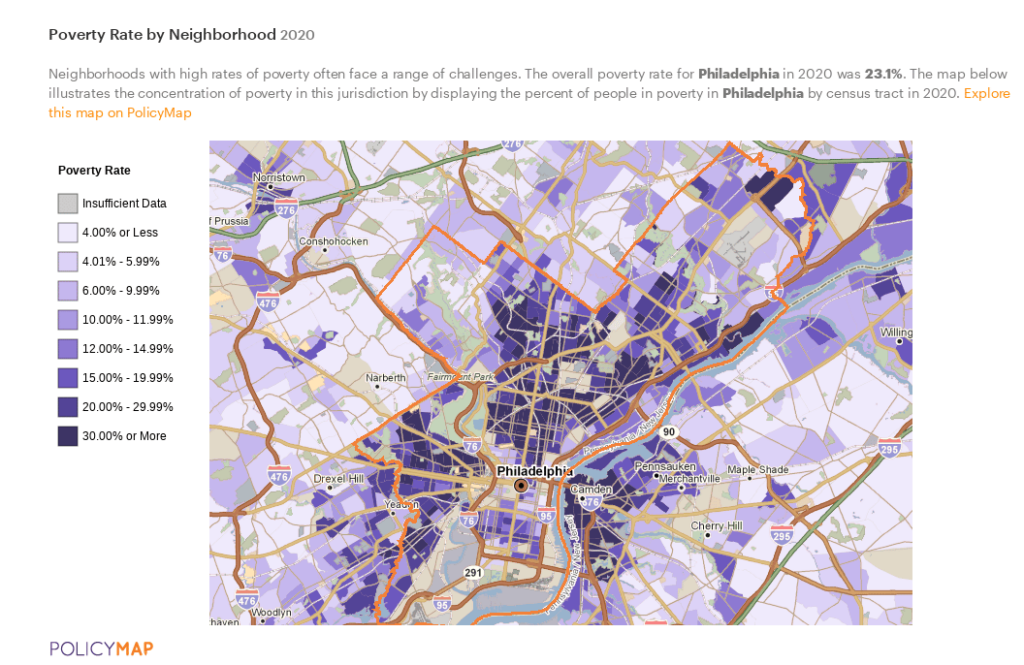 Map showing concentration of poverty by neighborhood in Philadelphia.
