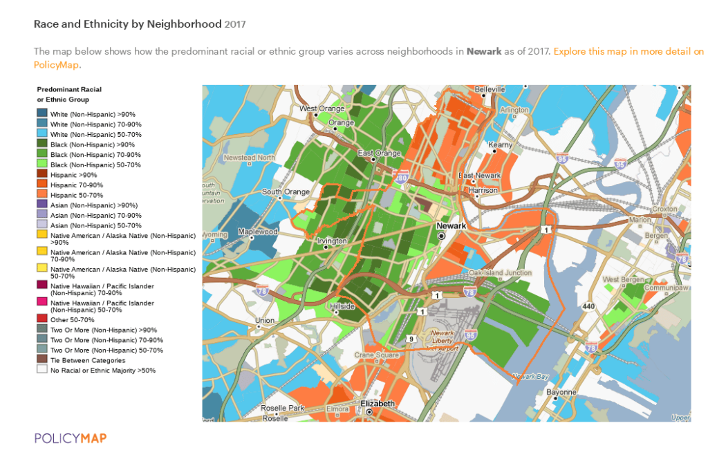 Map showing predominant racial and ethnic group across Newark neighborhoods.