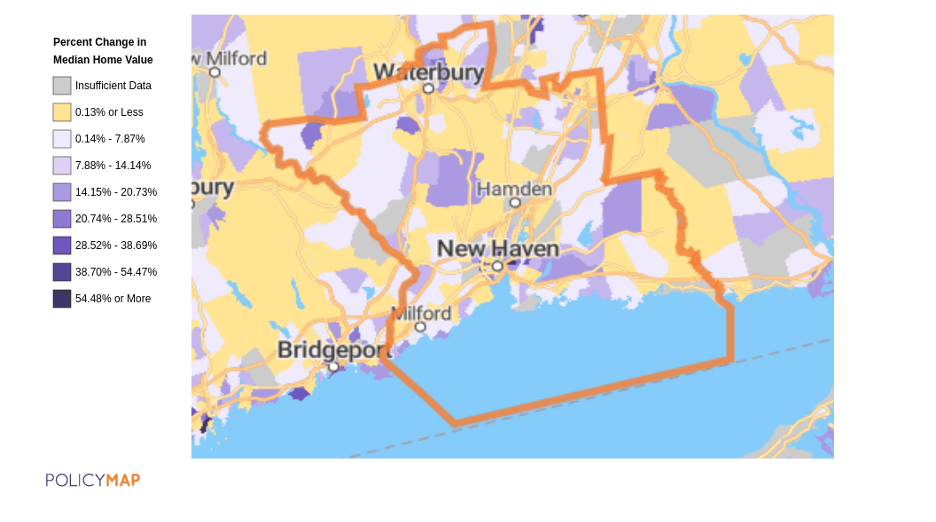 Map showing larger home value increases in central New Haven and lower increases in surrounding neighborhoods.