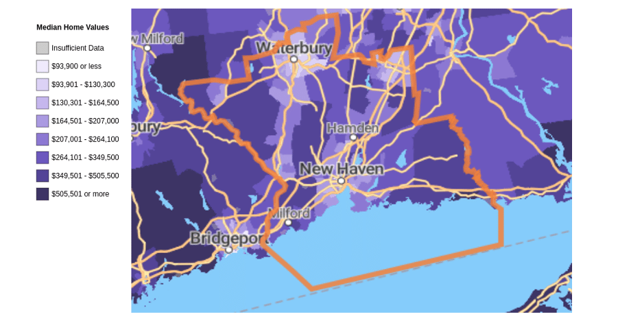 Map showing lower home values in central New Haven and higher in surrounding neighborhoods.