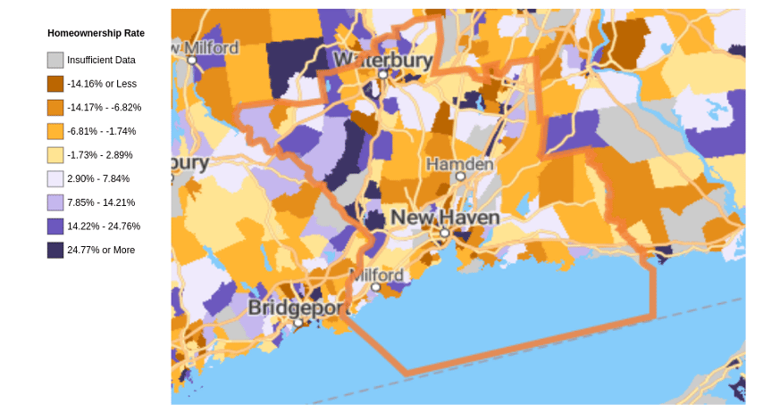 Map showing lower homeownership rates in central New Haven and higher rates in surrounding areas.