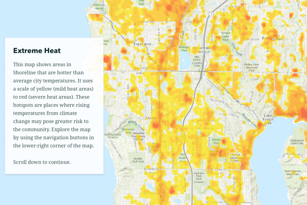 Heat map showing Shoreline neighborhoods that may experience increased heat due to climate change.