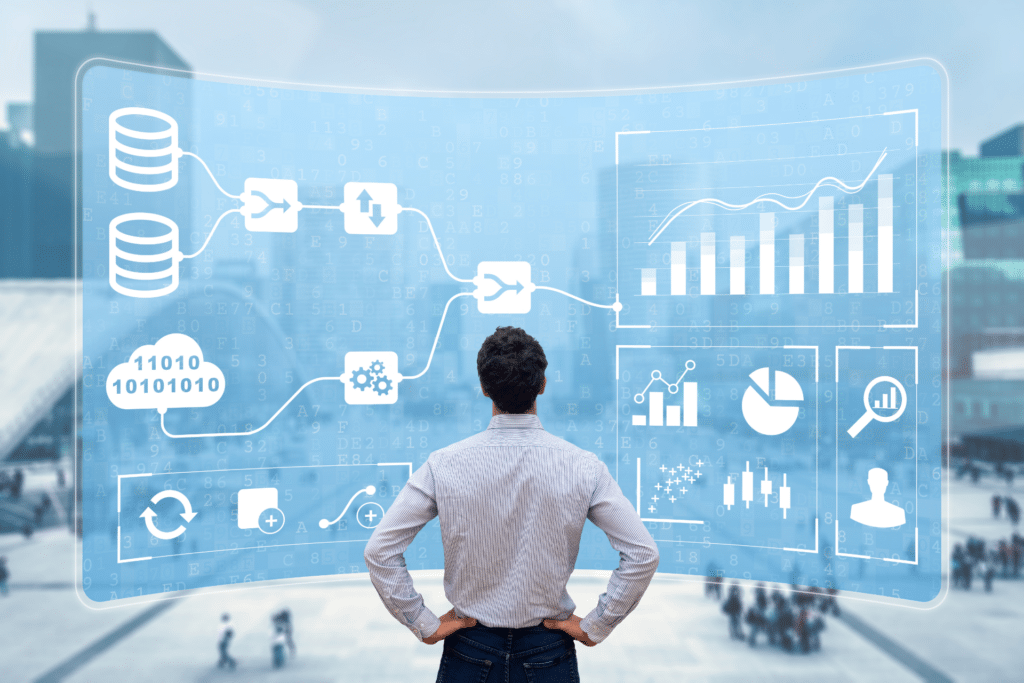 Man standing in front of a big screen showing data is used to illustrate data visualization as a tool for cities