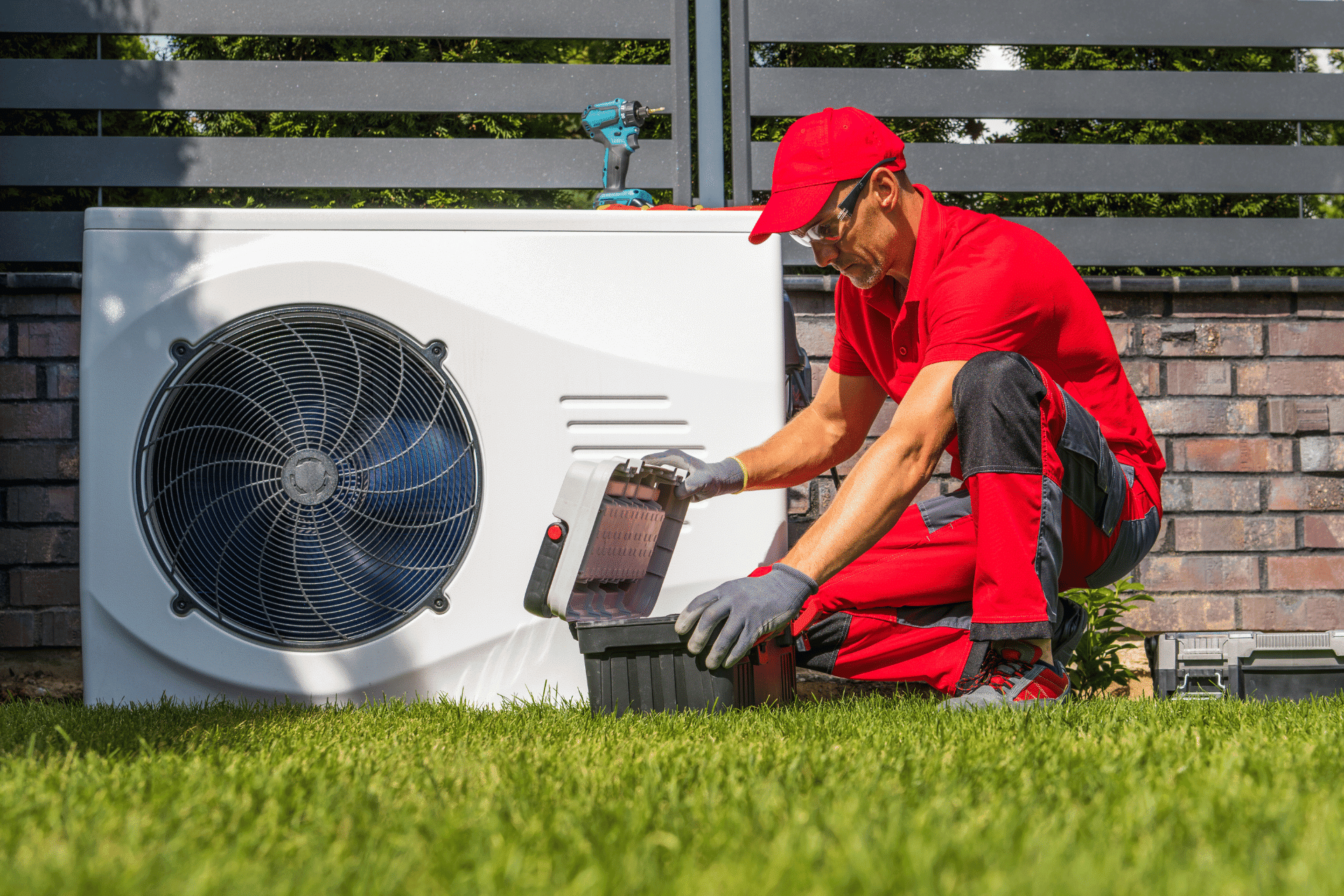 Worker installing heat pump