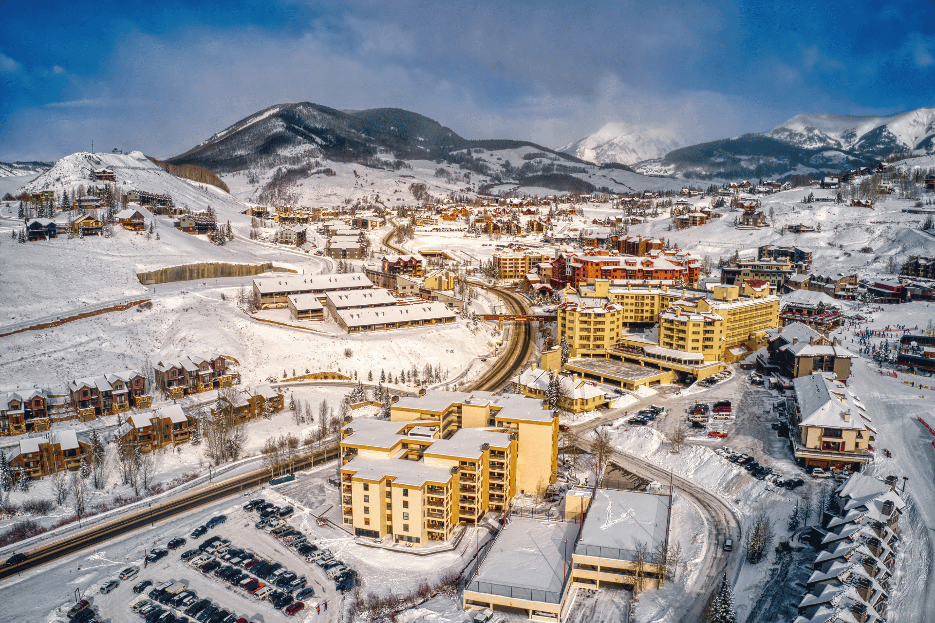 Aerial view of Crested Butte, Colorado, a ski resort town popular with tourists in the winter months.