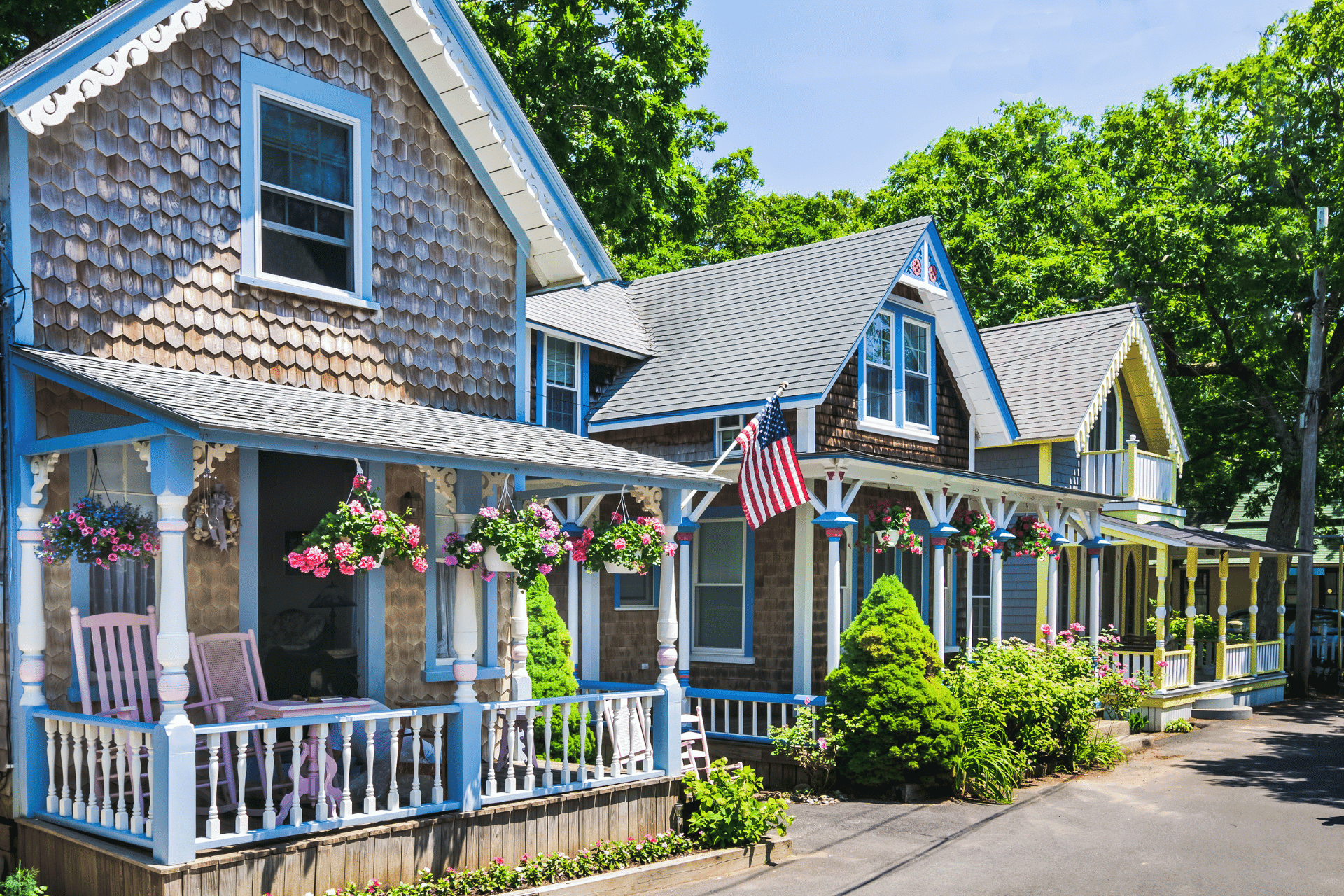 Small summer cottages in Oak Bluffs, on Martha’s Vineyard, off the Cape Cod coast of Massachusetts. This destination is one of the island's main points of arrival for summer visitors.