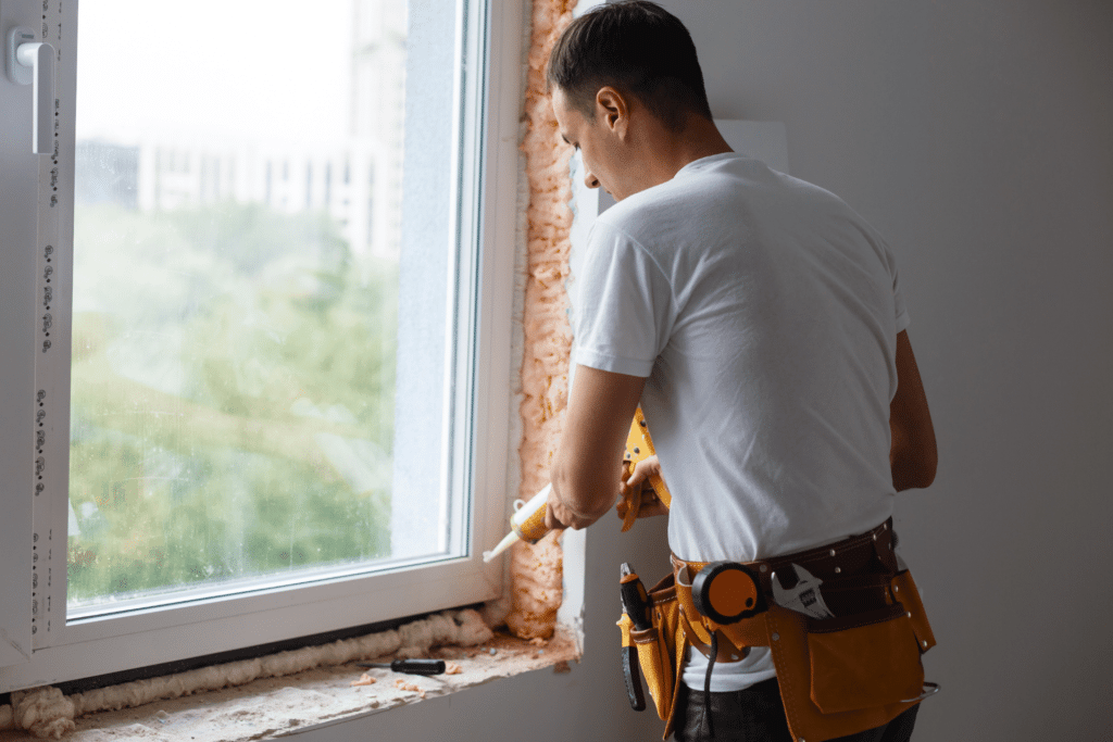 A man is seen caulking a window. The image is used to illustrate the concept of home repair programs.