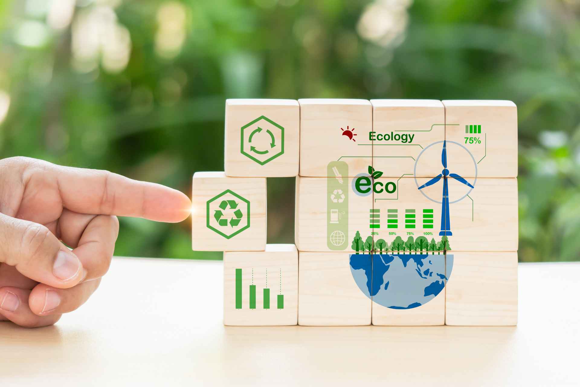 Several symbols of sustainability, such as recycling symbol, are shown.